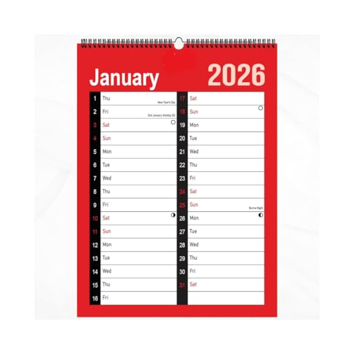 AIBULO 2026 A3 Wall Calendar Month to View – Red & White 2-Column Spiral Planner with UK Holidays | Large Monthly Hanging Organiser for Home, School, Family & Office Planning
