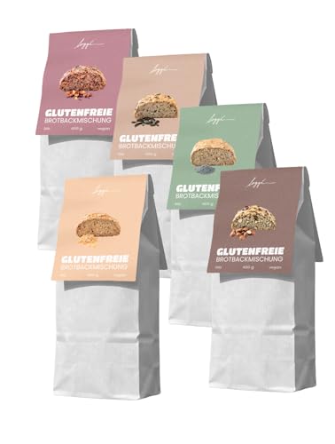 Loggä Glutenfreies Brot 5er Probierpaket (5x400g) Brotbackmischung Eiweißbrot Bio Vegan Keto 1xNuss 1x Kernig 1xFein 1xFruchtig 1xLower Carb