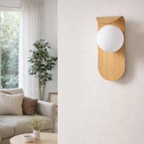 BARCELONA LED Aplique de Parede Madeira Metal Estilo Japandi Nórdico Minimalista com Globo Vidro Branco G9 Luz Quente Ideal Quarto Sala Restaurante Escritório Candeeiro Leitura Interior