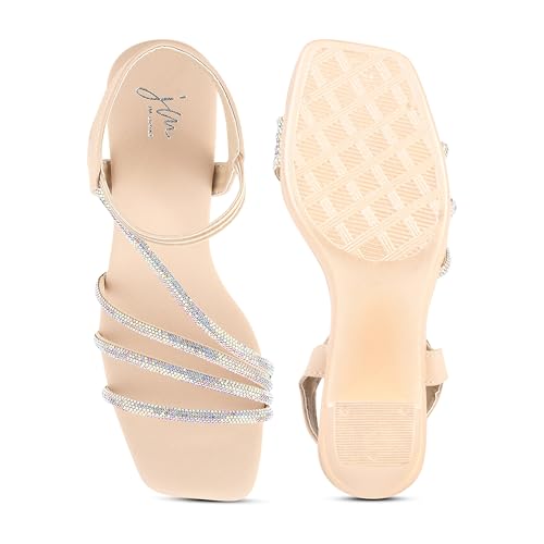 Image of JM LOOKS Women's Sandal Strappy Embellished Heels Ankel Strap Square Toe Lightweight Comfortable Stylish for Wedding Party Festivel Occasion.