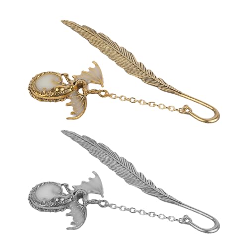 VOANZO 2pcs Luminous Metal Feather Bookmark 3D Flying Dragon Pendant Retro Unique Luminous Bookmark Gift For Book Lovers Men And Women (Gold - Image 2