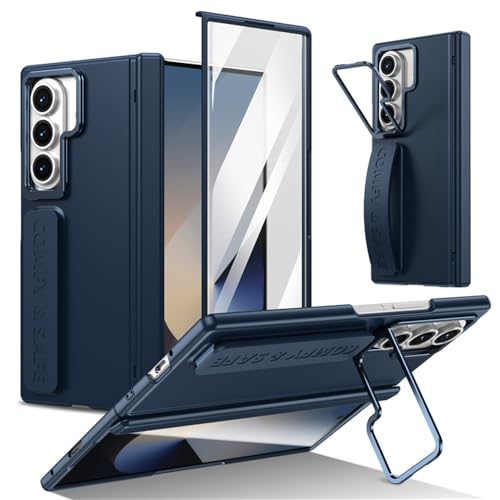 Samsung Galaxy Z Fold 7 6 5 4 3用 リストバンドヒンジレンズホルダー電話ケース外側スクリーンガラスフィルム保護、ブルー、Galaxy Z Fold 6用