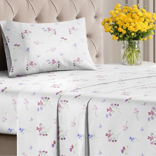 Image of Twin 4 Piece Boho Botanical Floral Sheet Set - Breathable & Cooling - Posy | 1 Flat, 1 Fitted & 2 Pillowcases w / Deep Pockets, Boho Botanical Floral Bedding, Breathable & Cooling, Wrinkle & Fade Free