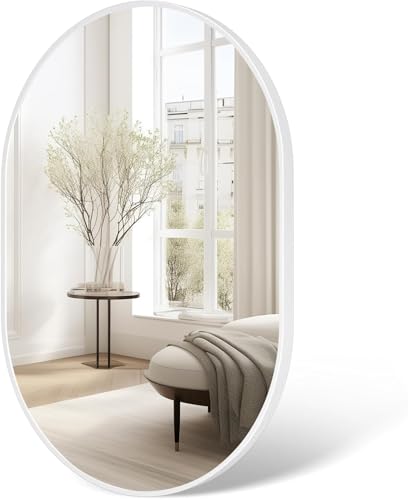 Image of M.J COMFY-LIFE 50 x 70cm Oval Mirror – High-Definition Wall-Mounted Mirror, Horizontal or Vertical Hanging, Explosion-Proof Glass with Aluminum Alloy Frame, Stylish Home Decor (White)