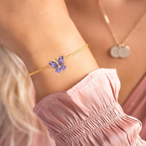 Image of Butterfly Birthstone Bracelets for Women Teen Gifts 14K Gold Plated Butterfly Oval 1-12 Birthstone Bracelet Jewelry Christmas Valentines Day Birthday Gifts for Teens
