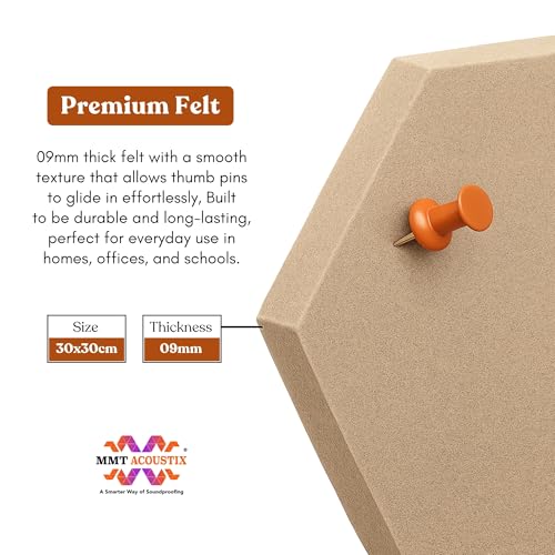 Image of MMT Acoustix PinFelt Hexagon Bulletin Board - Set of 7 12x12 inch Felt Office Pin Board Tiles for Notes Reminders & Work Organisation Self-Adhesive, Pin-Friendly, Acoustic Panels for Wall (Sand)