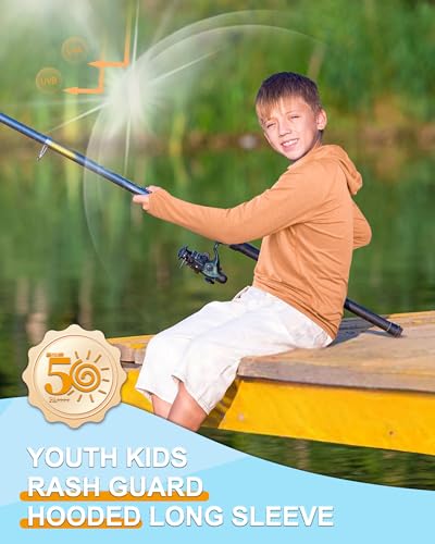 Image of Roadbox Boys Rash Guard UPF 50+ Sun Hoodie Kids Fishing Shirt Long Sleeve