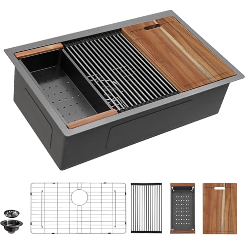 Image of 33 Undermount Kitchen Sink Black - Fulorni 33 inchx19 inch Kitchen Sink Ledge Workstation Gunmetal Black NANO-PVD 16 Gauge 304 Stainless Steel Under Counter Single Bowl Basin