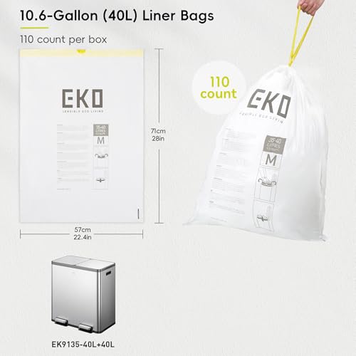 Image of EKO 10.6 Gallon / 35-40 Liter Drawstring Trash Bags, 110 Count Heavy-Duty Tall Kitchen Garbage Can Liners, Extra-Strong Leak-Resistant, Unscented, White, Code M