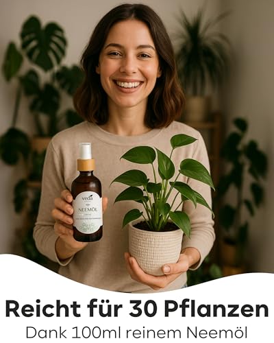 Veda Naturals® Neemöl (100 ml) kaltgepresstes nativ–virgin Niemöl aus Indien–Ayurveda | Mit Sprühpumpe | frei von Farb- und Konservierungsstoffen | Naturpflege gegen Trauermücken | Pflanzenpflege