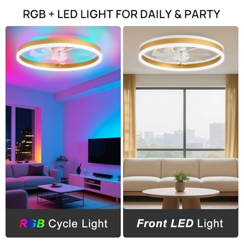 Image of 20 inch RGB Ceiling Fans with Lights and Remote /APP, Dimmable 3000-6500K LED Low Profile Ceiling Fan with Light, Modern Fandelier Flush Mount Ceiling Fan Light for Living Room, Bedroom and Kitchen