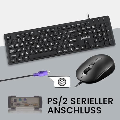 Perixx PERIDUO-117P, Kabelgebundenes Standard PS2 Tastatur-Maus-Set - Deutsches QWERTZ-Layout - Set mit 3-Tasten-optischer PS2-Maus - 1,8m Kabel - Schwarz