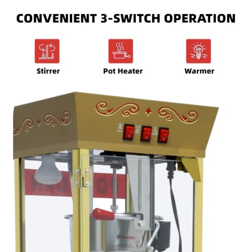 Image of Trygoal Popcorn Machine with Cart, 12 Oz Kettle, Vintage Popcorn Maker with Storage Cabinet, Scoop & 3-Switch Control, Movie Theater Style Popper for Party, Red