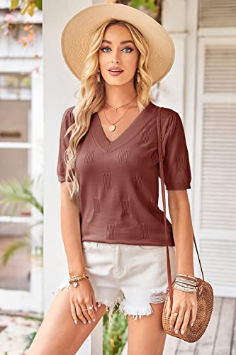 Image of Arach&Cloz Women's Lightweight Spring Summer Sweater Tops Casual Short Sleeve Blouses Shirts
