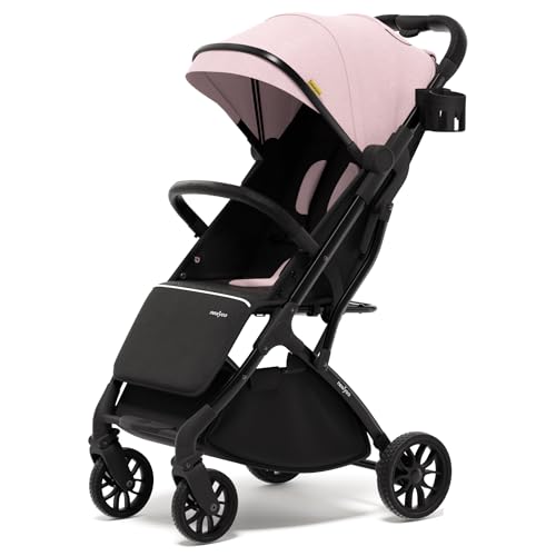 Image of newyoo GlideTow TR18M Travel Stroller, Compact Infant Toddler Stroller with Cup Holder, One-Hand Fold, Near Flat Recline Seat, Pink
