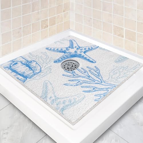 Image of Square Shower Mat Non Slip: 36 x 36 Inch Extra Large Shower Mats with Drain Hole in Middle - PVC Loofah Anti Slip Shower Floor Matt for Inside Shower