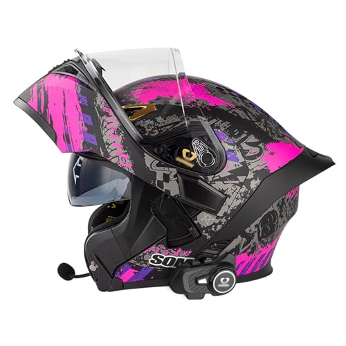 RYDZCLH Casque De Moto Rabattable avec Fonction Interphone Bluetooth, Casque Intégral Modulaire avec Double Pare-Soleil, Casque De Moto Approuvé Dot pour Hommes Et Femmes,Violet,M 57~58cm