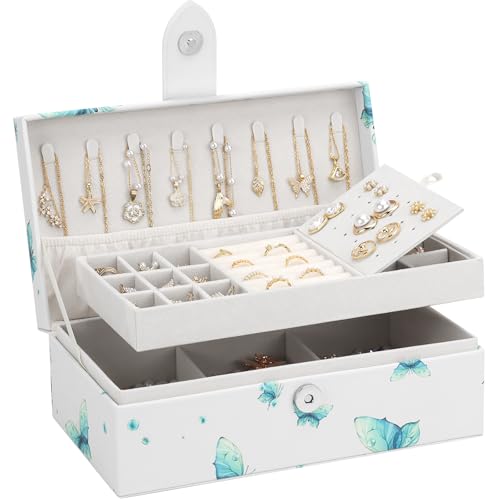 DesignSter Joyero 2 Capas, Caja de joyería personalizada, Joyeros Mujer Organizador para Pendientes, Pulseras, Anillos, Collares, Joyero con Patrón, Mariposa