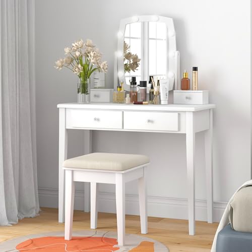 CHARMAID Vanity Desk with Mirror and Lights, Makeup Vanity Table with Swivel Mirror, 3-Color Dimmable LED Lights, 4 Drawers, Girls Bedroom Makeup Dressing Table with Stool (White)