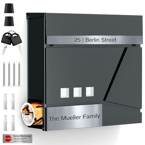 Arverta Briefkasten Anthrazit Edelstahl Mit Zeitungsfach(37 X 37 X 10cm), Personalisiert Mit Namensschild, Wetterfest, Aufkleber Gegen Unerwünschte Werbung, Wandbriefkasten Postkasten Briefkästen