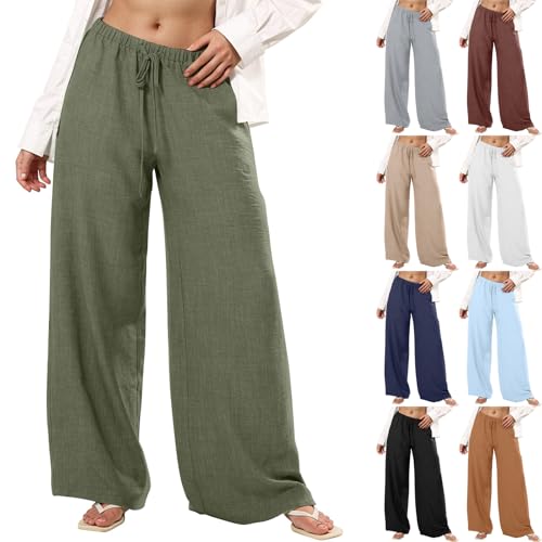 Palazzo Linen Pants for Women Elastic High Waisted Wide Leg Beach Pants Casual Summer Loose Flowy Trousers with Pocket