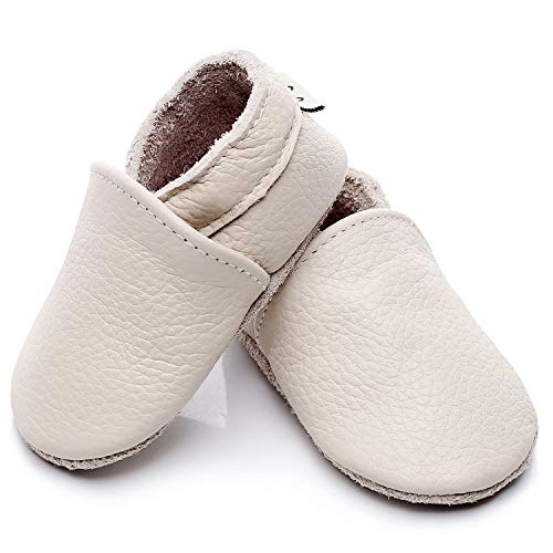 HONGTEYA Baby Fringeless Moccasins with Soft Sole - Genuine Leather Boys and Girls Shoes for Newborns, Infants, Babies, Toddlers (0-6 Months/ 4 M US Infant, White)