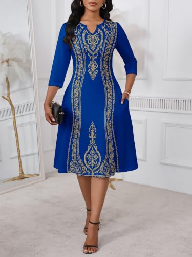 Image of PinkPatty Women's Casual 3 /4 Sleeve Midi Dresses Fit and Flare Church Work Dress with Pockets