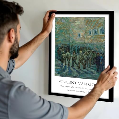 Image of Waltractive Vincent Van Gogh Paintings Framed Poster with Beautiful Quotes - Available in 33x22 and 48x33 CM - Classic Art Poster with sleek Black Frame - Elegant Home and Office Decor (Prisoners Exercising, 13x19 Inch, Framed)