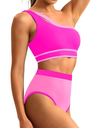 Tempt Me Women One Shoulder High Waisted Bikini Color Block Two Piece Swimsuits Cutout 2 Piece Bathing Suit4