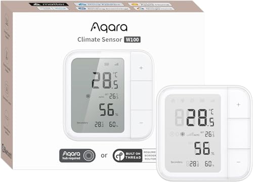 Aqara Thread/Zigbee Raumthermostat W100, Temperatur & Luftfeuchtigkeit Überwachung, Wireless, Fernsteuerung HVAC, 3 Anpassbare Tasten, Matter, HomeKit, Funktioniert mit Apple Home, Alexa, Google
