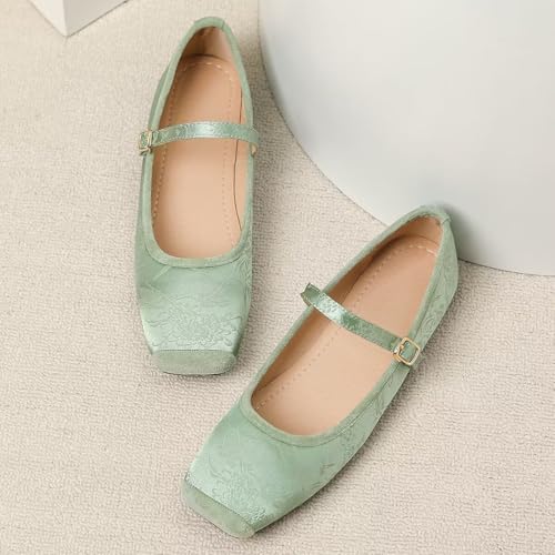 Hee grand Satin Embroidery Mary Jane Flats for Women Dressy Square Toe Ballet Flats with Ankle Strap Comfortable Walking Flats2