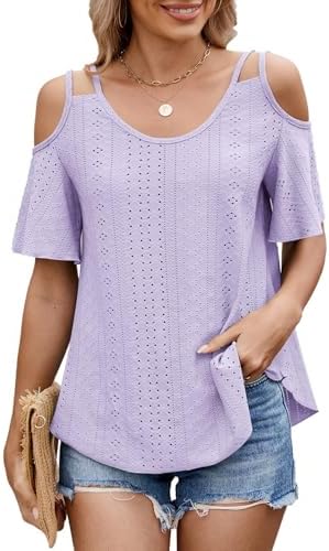Eyelet Tops for Women Short Sleeve T Shirts Summer Spring Fashion 2025 Trendy Clothes Cold Shoulder Blouses Eyelet Tops for Women Short Sleeve T Shirts Summer Spring Fashion 2025 Trendy Clothes Cold Shoulder Blouses