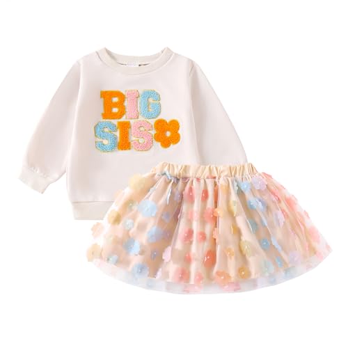 BeliBacca Big Sister Gift Little Sister Primavera Autunno Outfit Ricamo Lettera Fiore Maglione Felpa Tulle Tutu Gonna Bambino Ragazza Vestiti Set, Sorella maggiore, 18-24 Months
