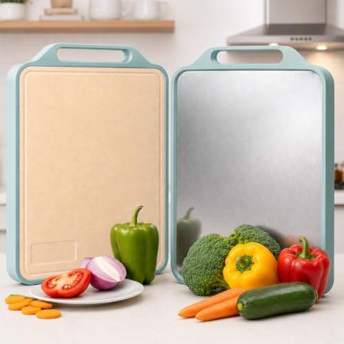 Image of PANCA 2 in1 Large Steel Chopping Cutting Board for Kitchen | Double Sided Stainless Steel Heavy-Duty Cutting Board for Vegetables, Fruits Cutter, Meats | Eco-Friendly and Anti-Microbial (41 x 33cm)