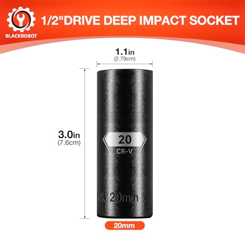 Image of 1 /2 Inch Drive 6-Point Deep Socket, 20mm Deep Impact Socket, CR-V Steel