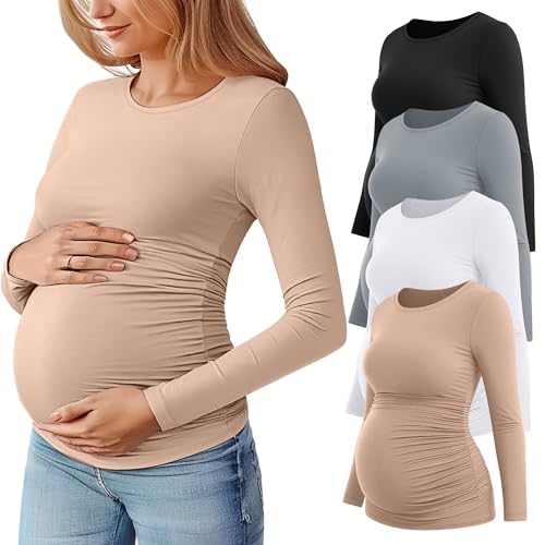 Image of Huukeay 4 Pack Women's Maternity T Shirts, Long Sleeve Side Ruched Pregnancy Top Crew Neck Bodycon Shirts Casual Mama Clothes