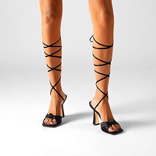 Jiuhang Rhy Me Women's Square Toe Strappy Lace-Up Sandals Open Toe Stiletto High Heels Shoes For Wedding Bridesmaid Shoe Sandal Black，9 #TOP4