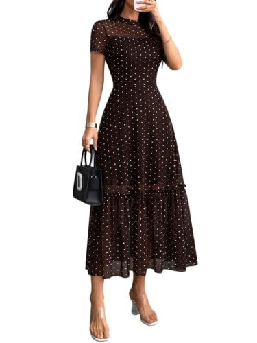 Image of GothDark Women's Summer Floral Mesh Ruffle Dress Short Sleeve Round Neck Waist Cinched Casual Maxi Wedding Guest Dresses