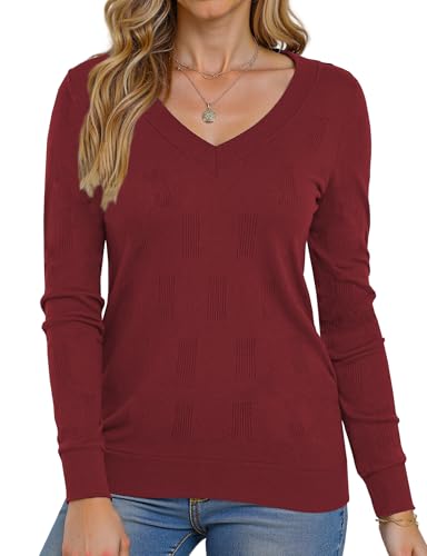Image of Buauty Womens 2024 Fashion V Neck Long Sleeve Knitted Ribbed Pullover Sweaters Casual Lightweight Loose Fit Jumper Tops Jujube Red