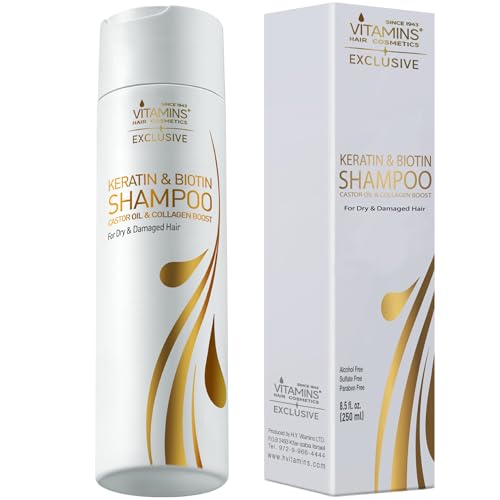 Vitamins Champú de Keratina sin Sulfatos - Shampoo con Biotina, Colágeno, Aceite Castor Oil - Tratamiento Suavizante Activador de Rizos para Cabello Seco Dañado o Graso