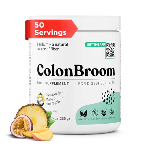 ColonBroom Psyllium Husk Powder with Stevia (Tropical Fruits, 50 Servings) - Colon Cleanse for Bloating Relief & Gut Health - Fiber Powder Drink - Vegan Supplement