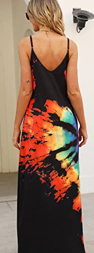 Image of Supnier Women's Summer Maxi Dress Casual V-Neck Sleeveless Bohemian Spaghetti Strap Floral Long Maxi Dress with Pockets