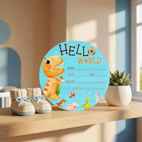 Image of Dinosaur Baby Announcement Sign, Wooden Nursery Name Decor 6in | Dinosaur Themed Wooden Name Sign for Newborn Announcement, Nursery Decor, or Baby Shower Gifts, Records Baby's Name & Stats