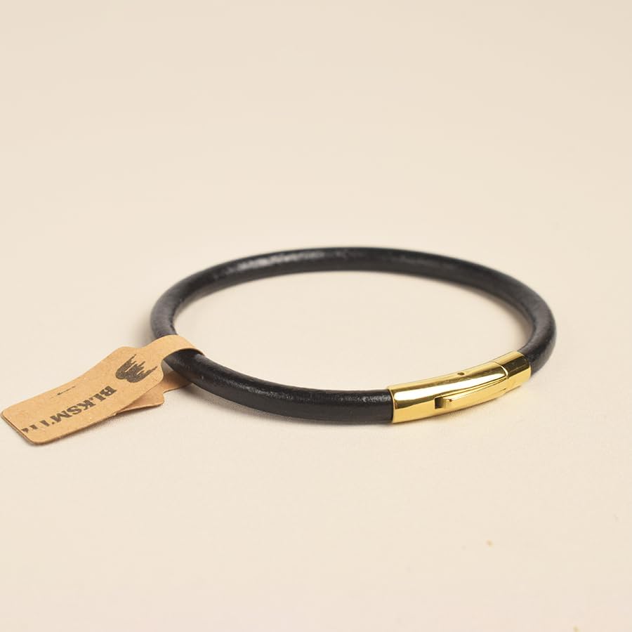 BLKSMTH Leather Bracelet, Black with Gold Clasp, 4mm Width, Sizes 7.68 inches