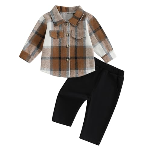 Image of Toddler Boys Fall Outfits Plaid Flannel Baby Boy Jacket Button Down Shirts Pants 2Pcs Festival Clothes Set
