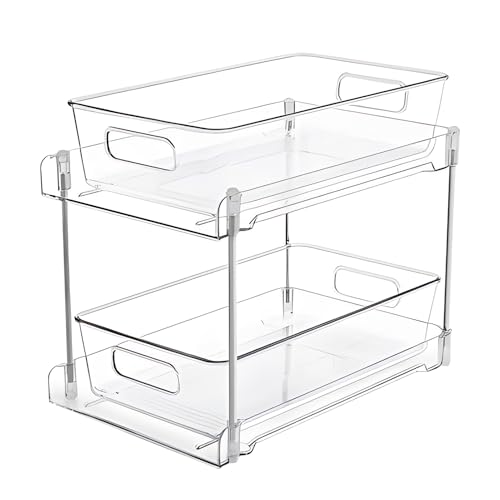 2 Pack Organizador Transparente de Plástico Bajo Fregadero de Doble Nivel con Cajones Deslizantes, Estante Removible con Bandeja, Asa y Pies Antideslizantes para Cocina, Baño y Gabinete miniatura 6