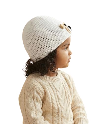 Image of Handmade Knitted Self Design Woolen Beanie Cap for Kids - White & Red 6-12 M | Winter Cap for Baby | FUNCAP56-6-12 M