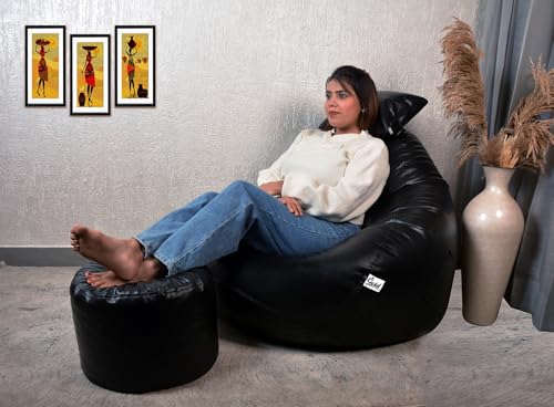 Image of Gold 3XL Bean Bag Combo with Footstool & Cushion | Faux Leather Teardrop Bean Bag for Adults & Teens | Pre-Filled with Beans | Home, Bedroom, Living Room, Office (3XL - Black)