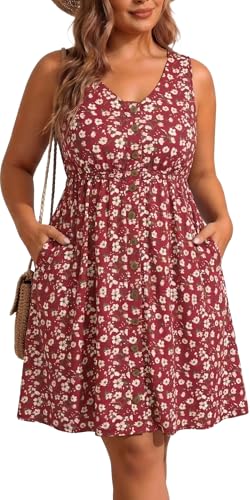Image of Holipick Women's Plus Size Summer Dresses for Women Casual Dress with Pockets A-Line Swing Button Down Sleeveless V Neck