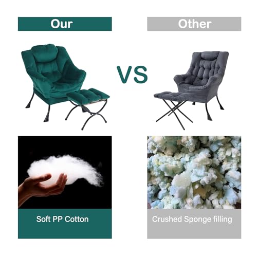 Image of LITA Lazy Chair with Ottoman, Modern Accent Leisure Upholstered Sofa Chair, Contemporary Lounge Reading Chairs with Armrests and a Side Pocket for Living Room, Bedroom & Small Space, Dark Green